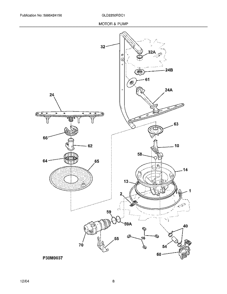 MOTOR & PUMP Diagram and Parts List for GLD2250RDC1  Frigidaire Dishwasher