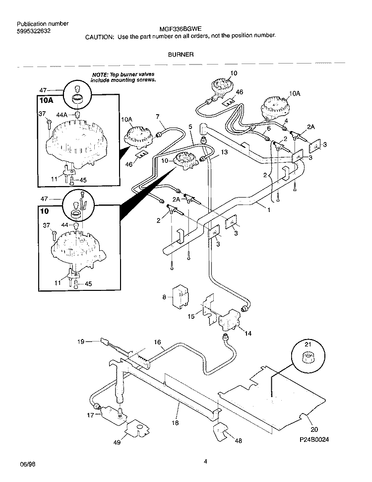 BURNER Diagram and Parts List for MGF336BGWE  Frigidaire Range