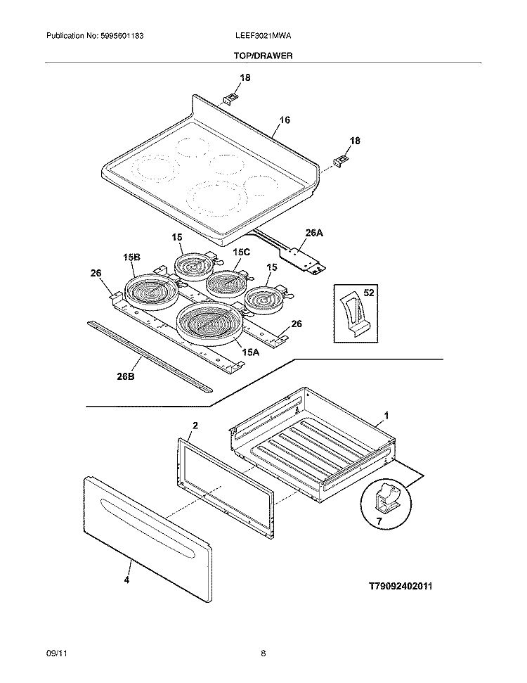 TOP/DRAWER Diagram and Parts List for LEEF3021MWA  Frigidaire Range