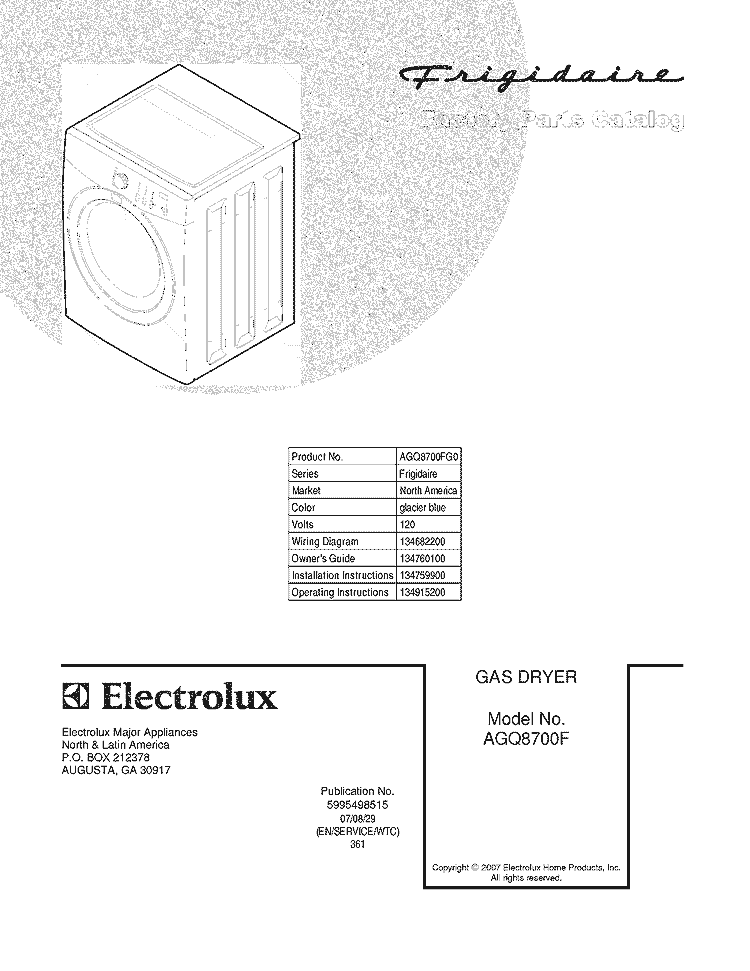 COVER Diagram and Parts List for AGQ8700FG0  Frigidaire Dryer