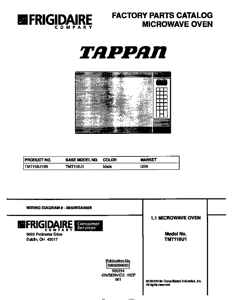 COVER Diagram and Parts List for TMT118U1B0  Tappan Microwave