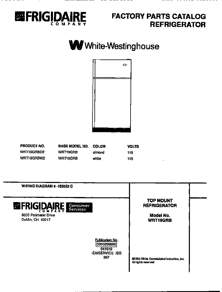TOP MOUNT REFRIGERATOR Diagram and Parts List for WRT19GRBW2  Frigidaire Refrigerator
