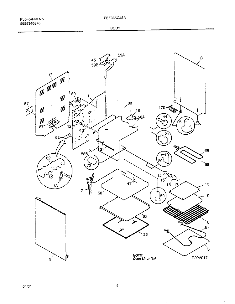 BODY Diagram and Parts List for FEF366CJSA  Frigidaire Range