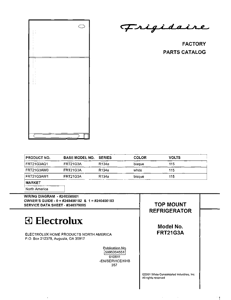 COVER Diagram and Parts List for FRT21G3AW0  Frigidaire Refrigerator