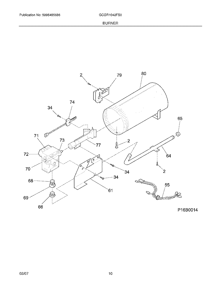 BURNER Diagram and Parts List for GCGR1042FS0  Frigidaire Dryer