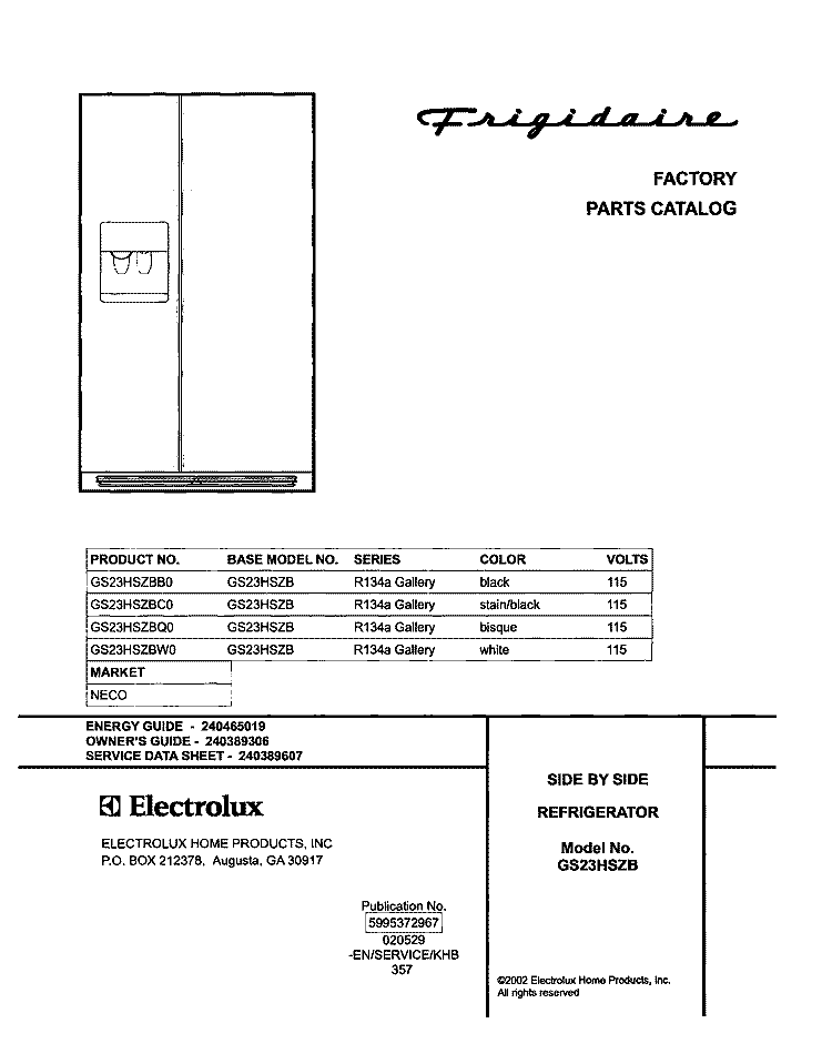 COVER Diagram and Parts List for GS23HSZBW0  Frigidaire Refrigerator