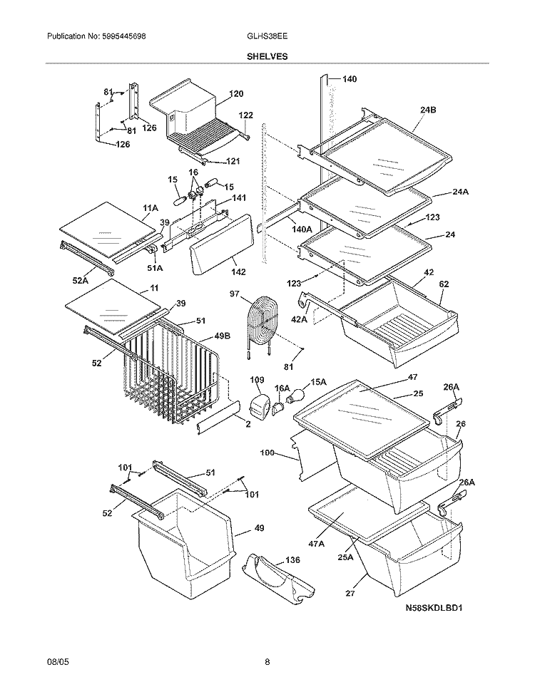 SHELVES Diagram and Parts List for GLHS38EESB5  Frigidaire Refrigerator