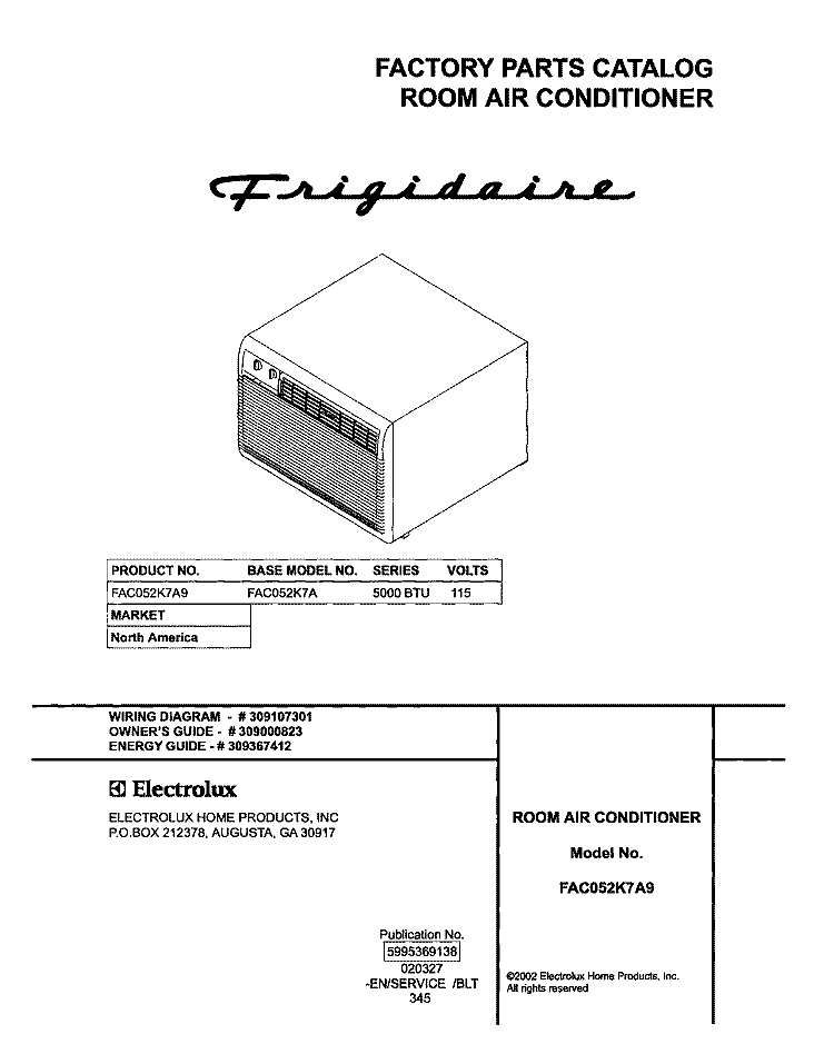 COVER Diagram and Parts List for FAC052K7A9  Frigidaire Air Conditioner