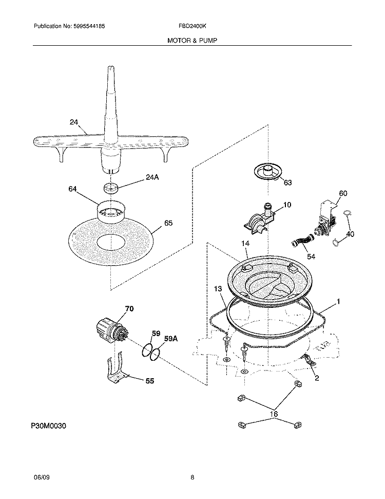 MOTOR & PUMP Diagram and Parts List for FBD2400KQ0  Frigidaire Dishwasher