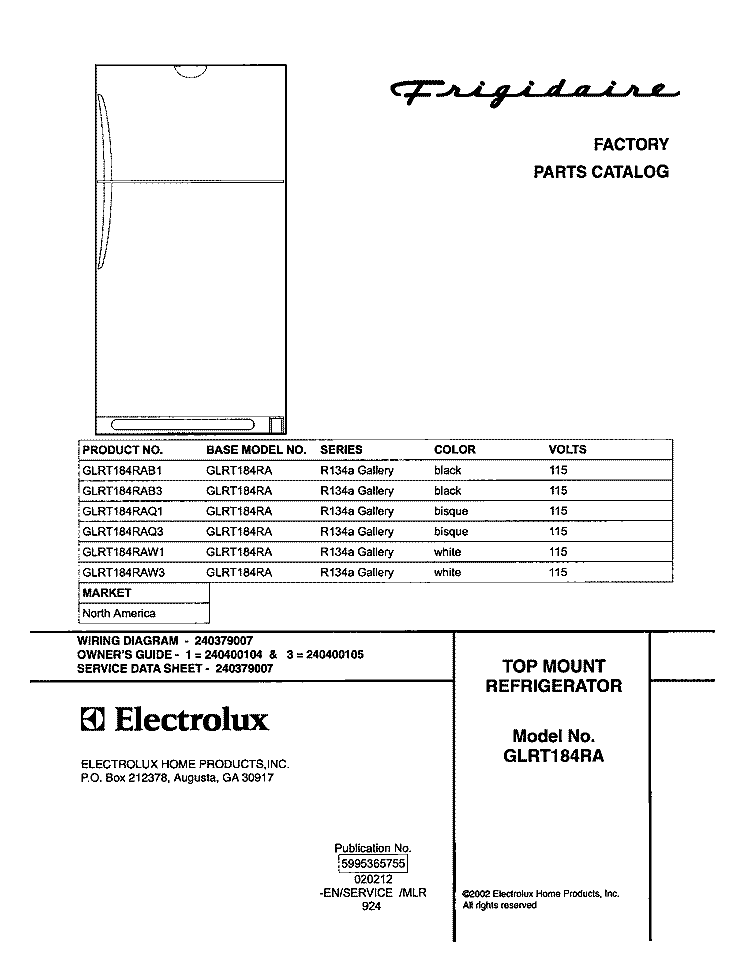 COVER Diagram and Parts List for GLRT184RAB3  Frigidaire Refrigerator