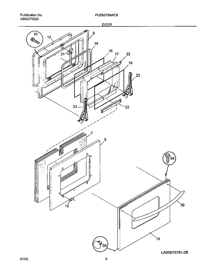 DOOR Diagram and Parts List for PLEB27S8ACB  Frigidaire Wall Oven