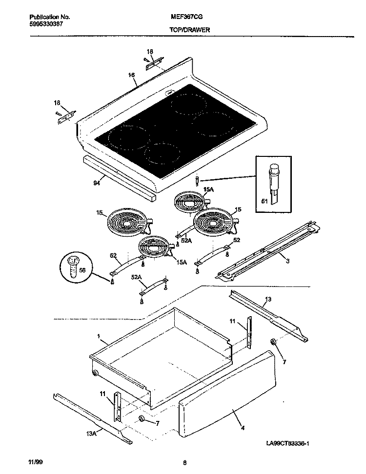TOP / DRAWER Diagram and Parts List for MEF367CGB5  Frigidaire Wall Oven