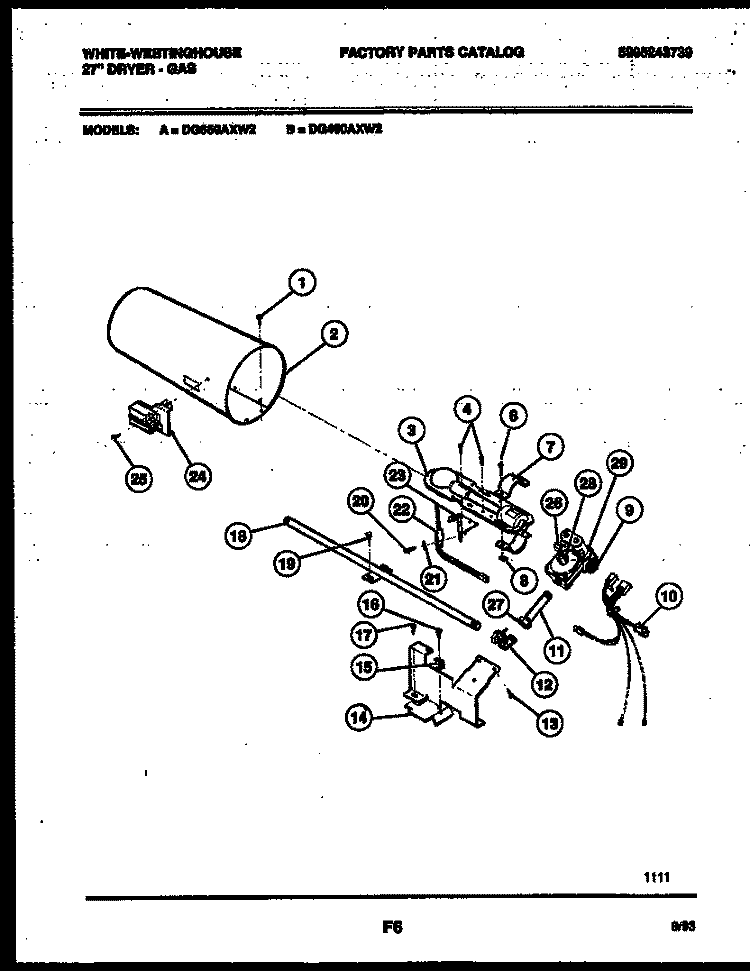BURNER, IGNITER AND VALVE Diagram and Parts List for DG400AXW2  Frigidaire Dryer