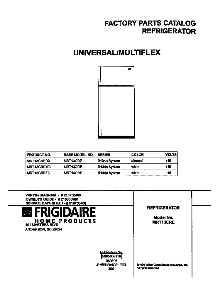 COVER Diagram and Parts List for MRT13CREW3  Uni Refrigerator