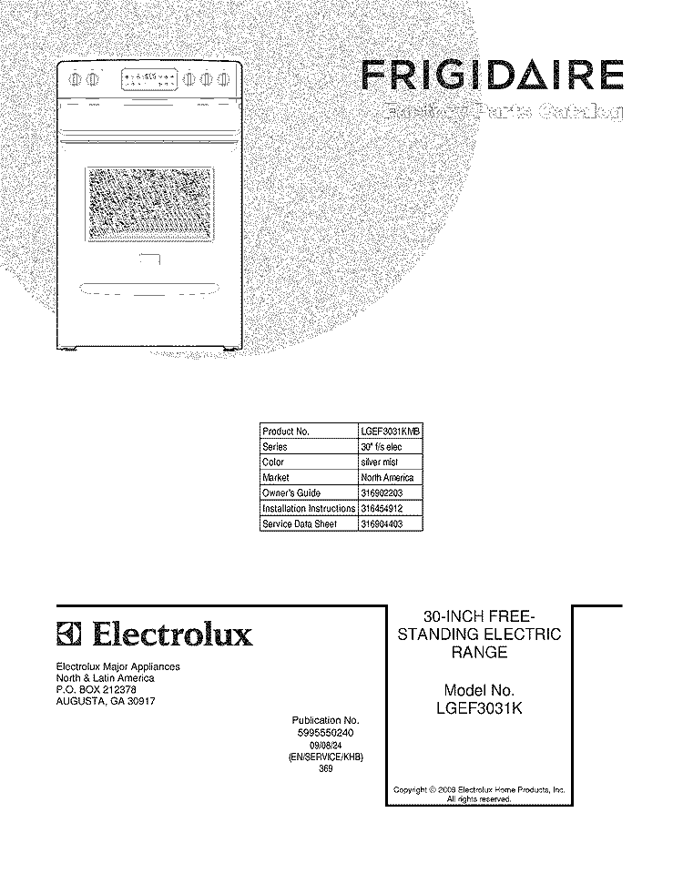 COVER Diagram and Parts List for LGEF3031KMB  Frigidaire Range