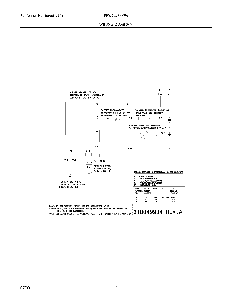 WIRING DIAGRAM Diagram and Parts List for FPWD2785KFA  Frigidaire Warming Drawer