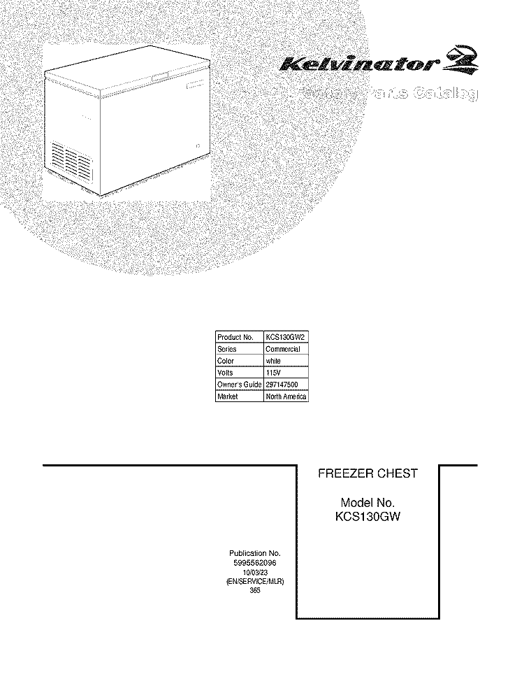 COVER Diagram and Parts List for KCS130GW2  Kelvinator Freezer