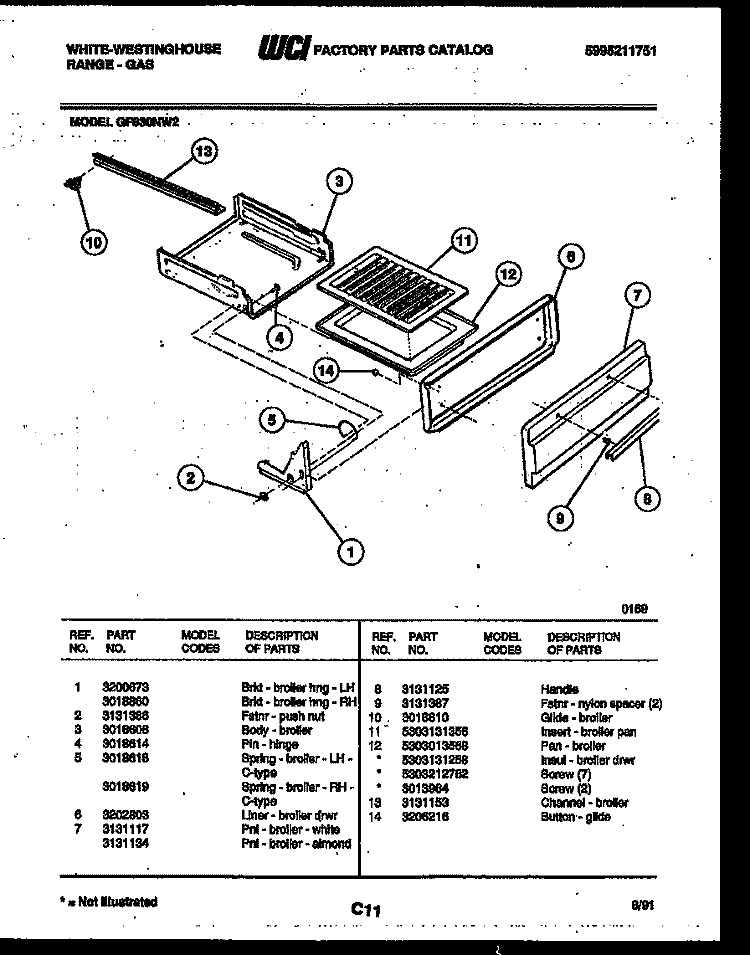 BROILER DRAWER PARTS Diagram and Parts List for GF830ND2  Frigidaire Range