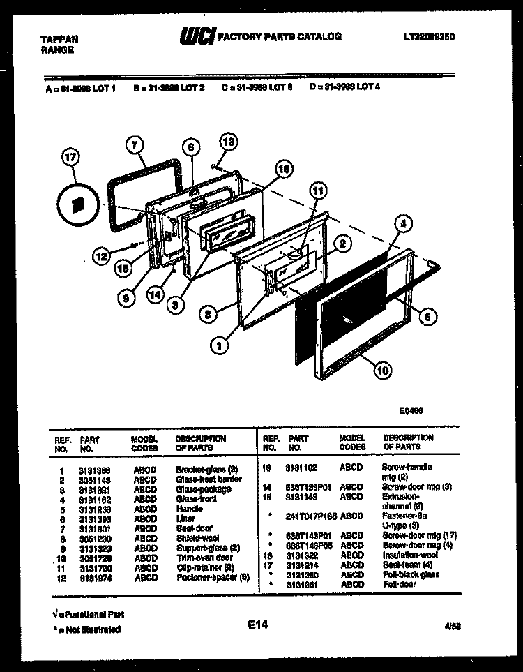 DOOR PARTS Diagram and Parts List for 31-3988-23-04  Tappan Range
