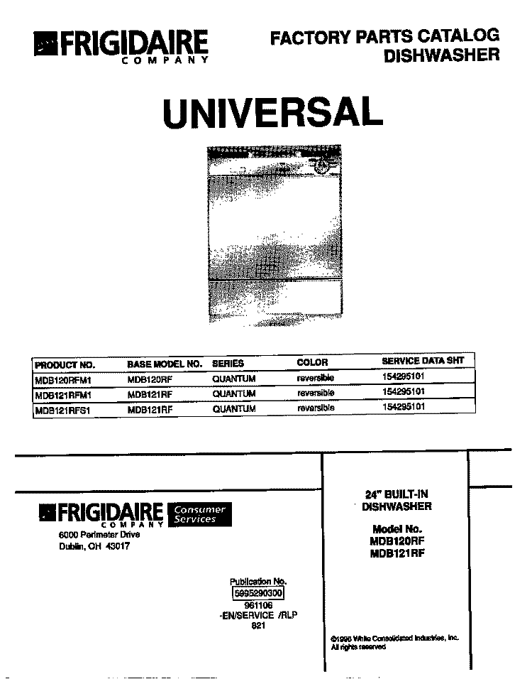 COVER Diagram and Parts List for MDB120RFM1  Frigidaire Dishwasher