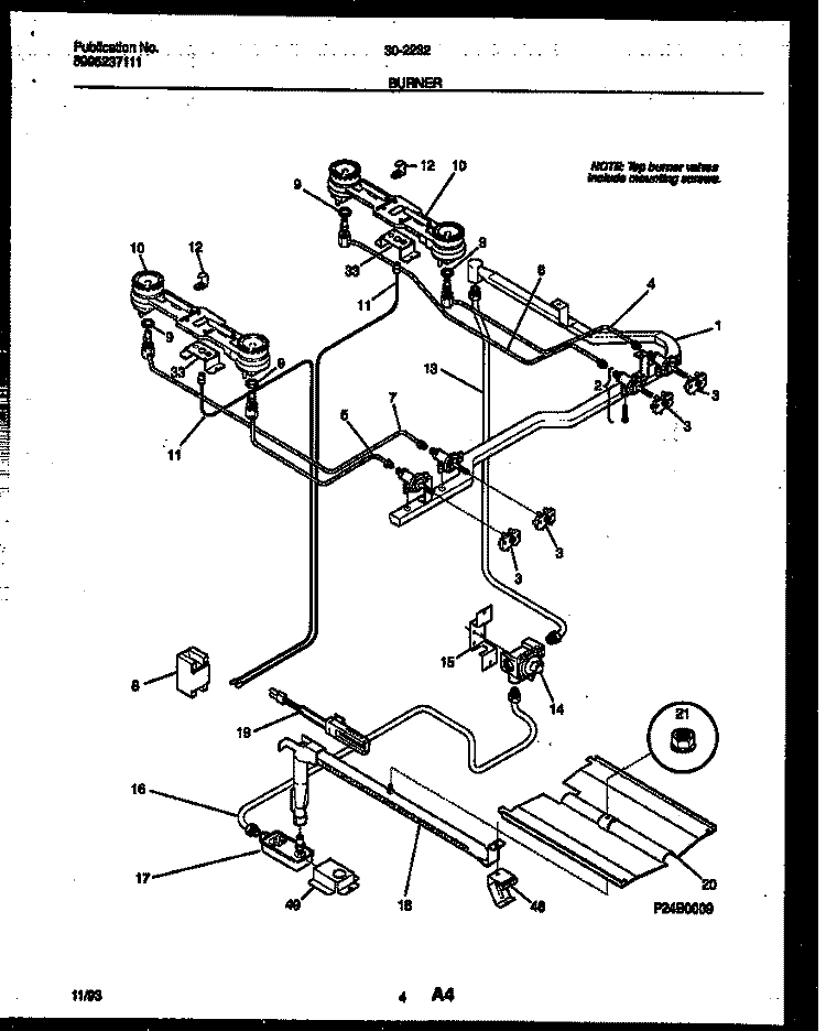BURNER PARTS Diagram and Parts List for 30-2232-23-03  Tappan Range