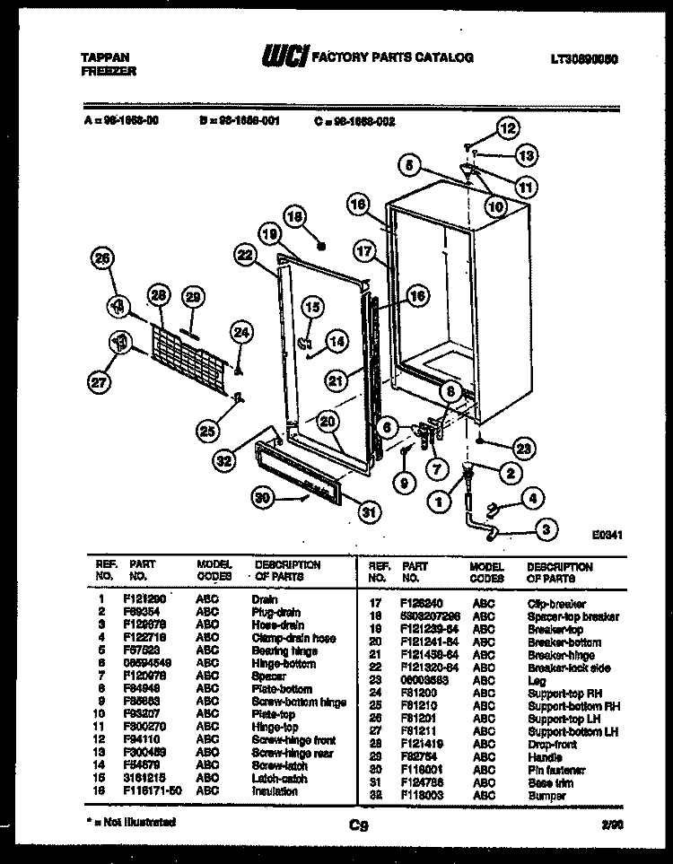 CABINET PARTS Diagram and Parts List for 98-1668-00-01  Tappan Freezer