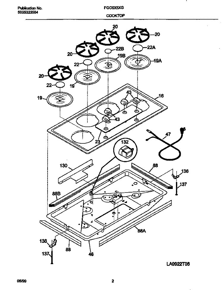 CONTROL PANEL / TOP Diagram and Parts List for FGC6X5XGBA  Frigidaire Cooktop