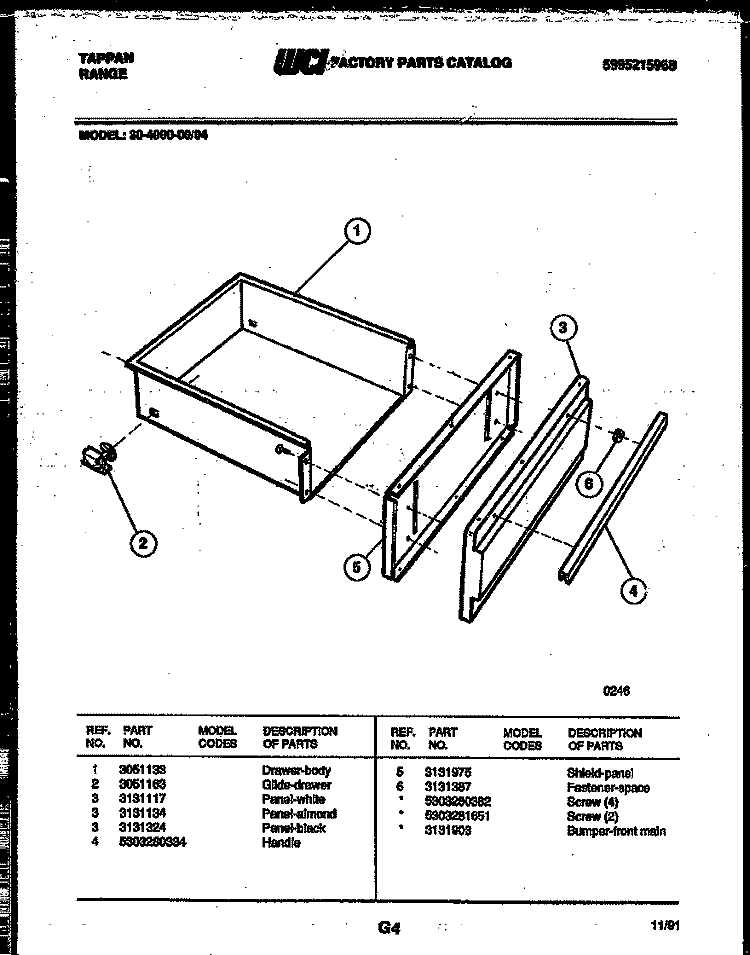 DRAWER PARTS Diagram and Parts List for 30-4980-00-04  Tappan Range