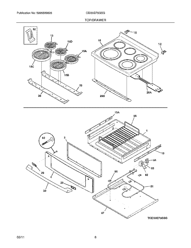 TOP/DRAWER Diagram and Parts List for CEI30EF5GSG  Electrolux Range