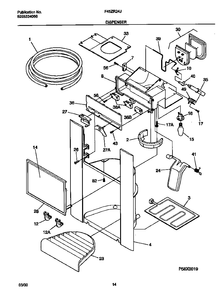 ICE DISPENSER Diagram and Parts List for F45ZR24JW0  Frigidaire Refrigerator