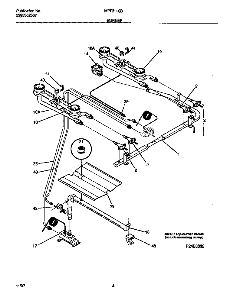 BURNER Diagram and Parts List for MPF311SBWD  Frigidaire Range
