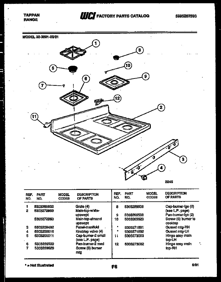 COOKTOP PARTS Diagram and Parts List for 30-3991-00-01  Tappan Range