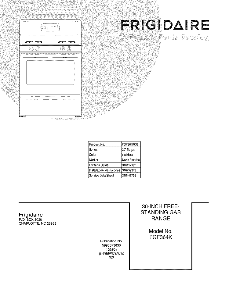 COVER Diagram and Parts List for FGF364KCG  Frigidaire Range