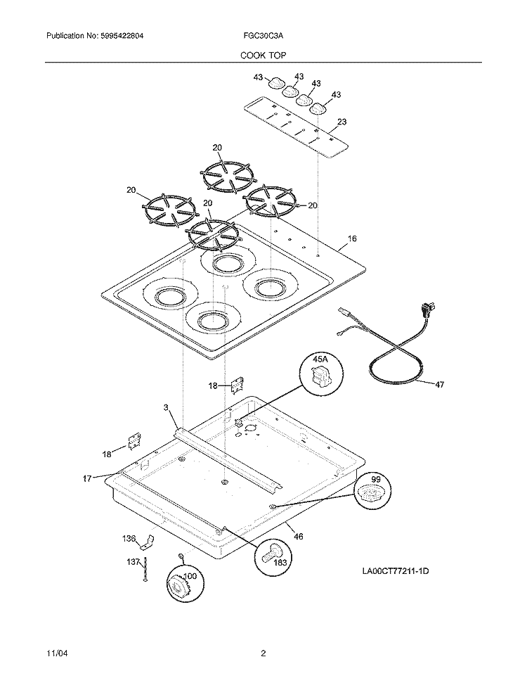 MAINTOP Diagram and Parts List for FGC30C3AWC  Frigidaire Cooktop