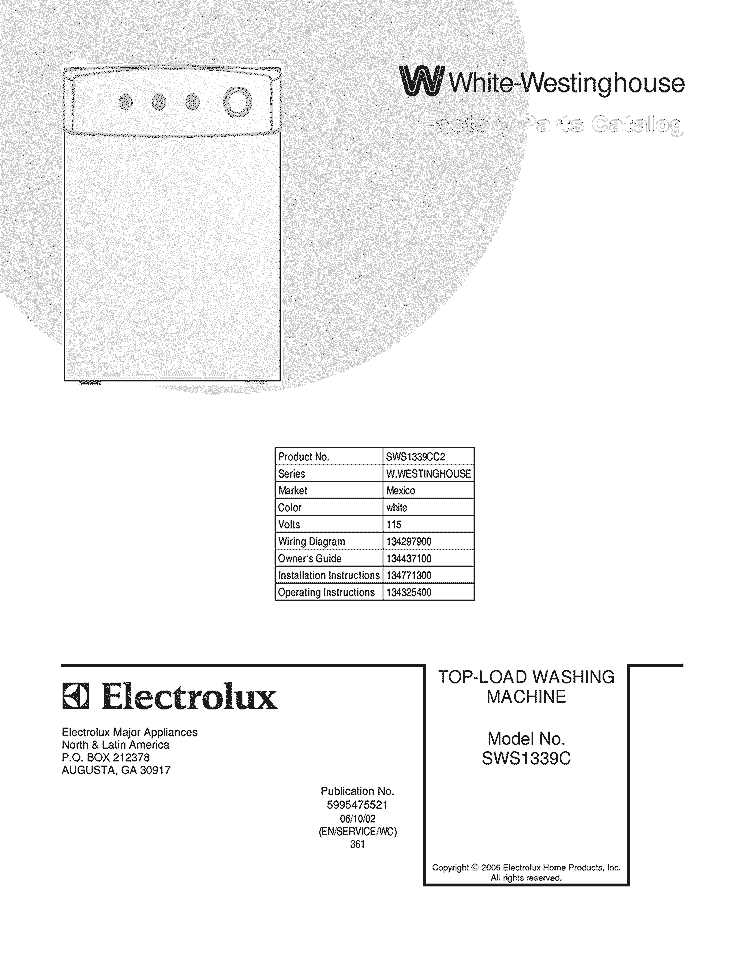 COVER Diagram and Parts List for SWS1339CC2  Westinghouse Washer