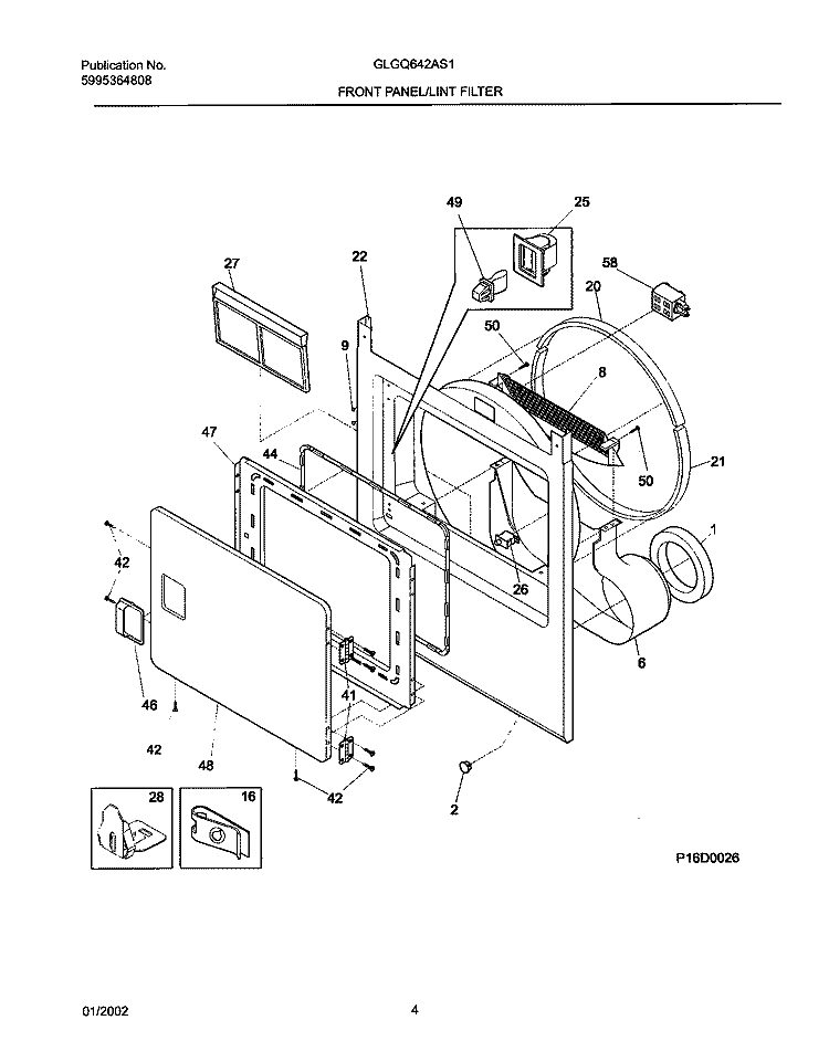 FRNT PNL, DOOR Diagram and Parts List for GLGQ642AS1  Frigidaire Dryer