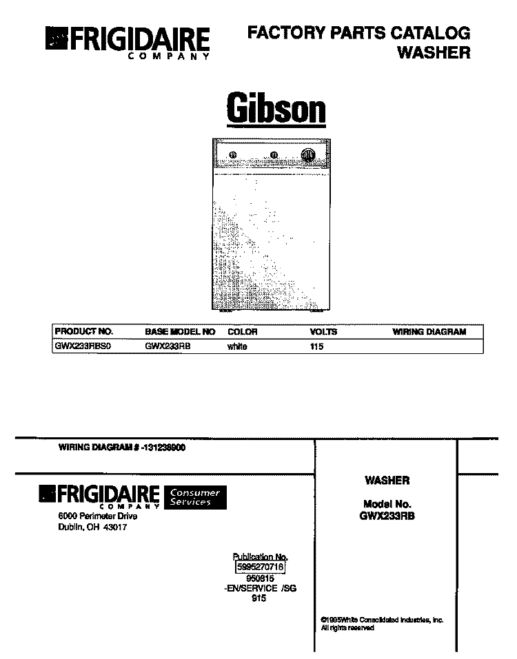 COVER Diagram and Parts List for GWX233RBS0  Gibson Washer
