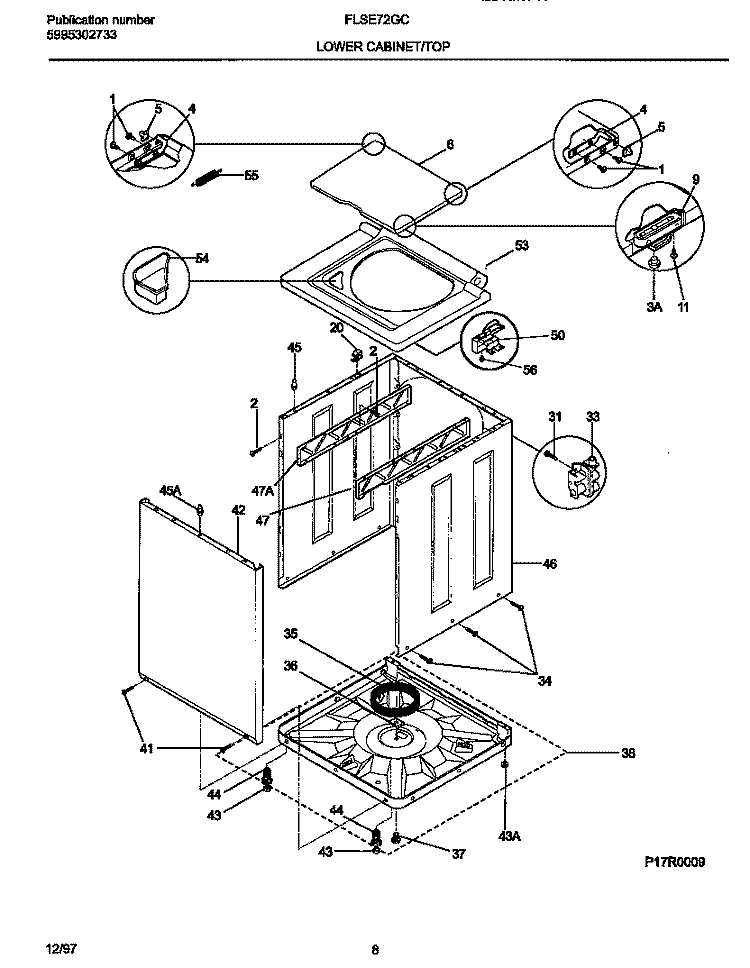 LOWER CABINET / TOP Diagram and Parts List for FLSE72GCS7  Frigidaire Washer Dryer Combo