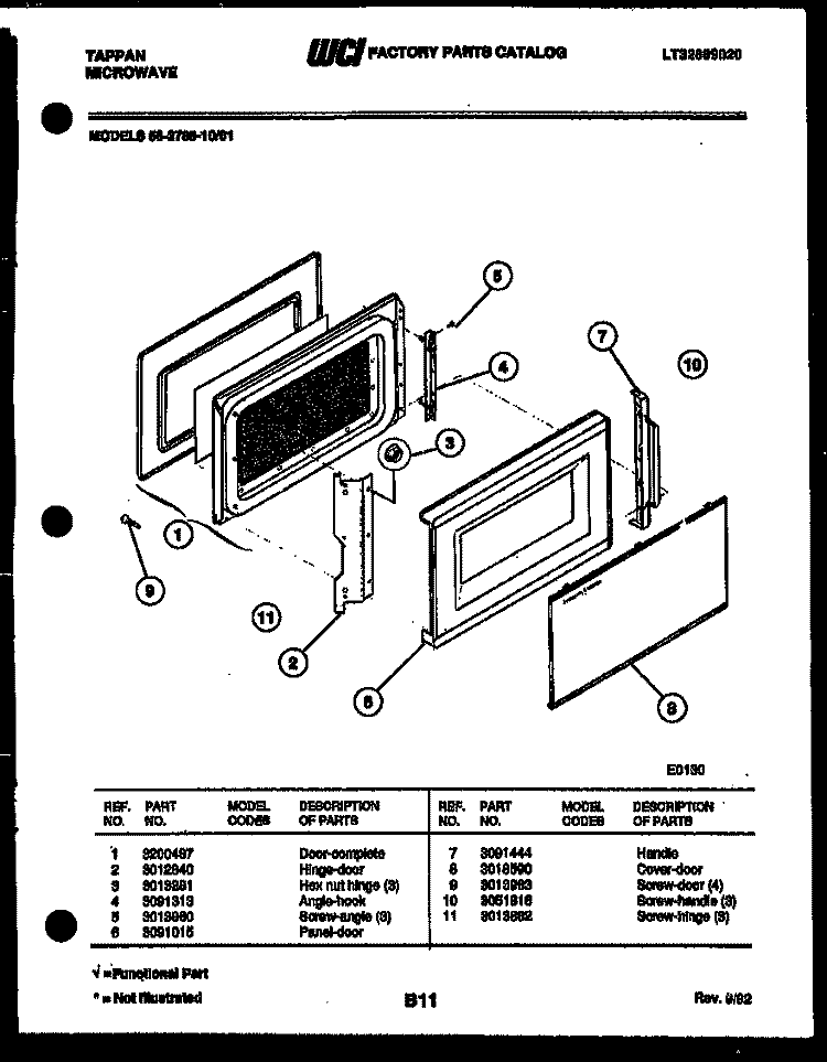 DOOR PARTS Diagram and Parts List for 56-2788-10-01  Tappan Microwave