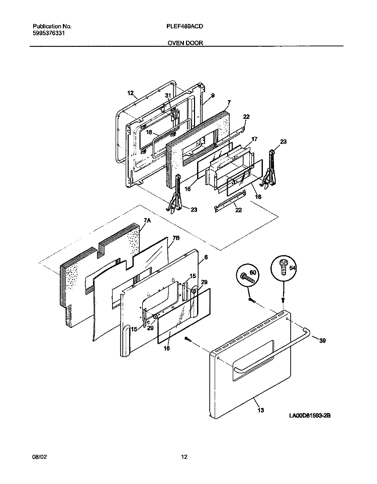 OVEN DOOR Diagram and Parts List for PLEF489ACD  Frigidaire Range