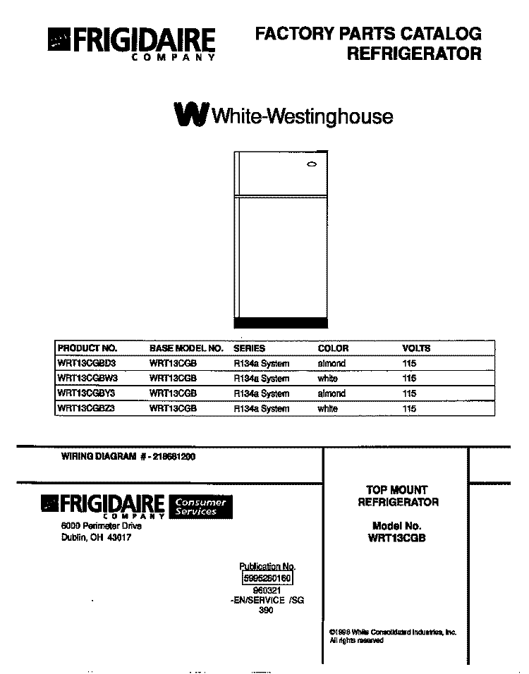 COVER Diagram and Parts List for WRT13CGBY3  Frigidaire Refrigerator