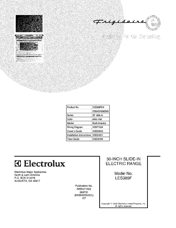 COVER Diagram and Parts List for LES389FEA  Frigidaire Range
