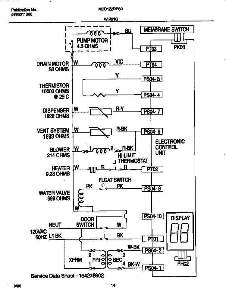 WIRING DIAGRAM Diagram and Parts List for MDB122RFS0  Frigidaire Dishwasher