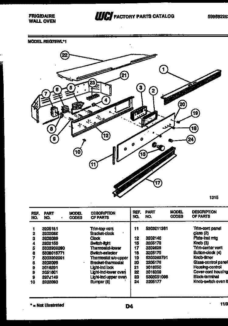CONTROL PANEL Diagram and Parts List for REG78WLB1  Frigidaire Wall Oven