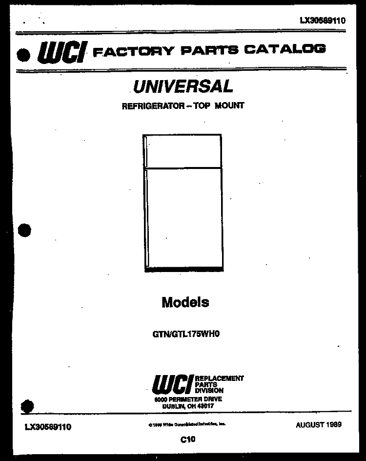 COVER Diagram and Parts List for GTN175D0  Uni Refrigerator