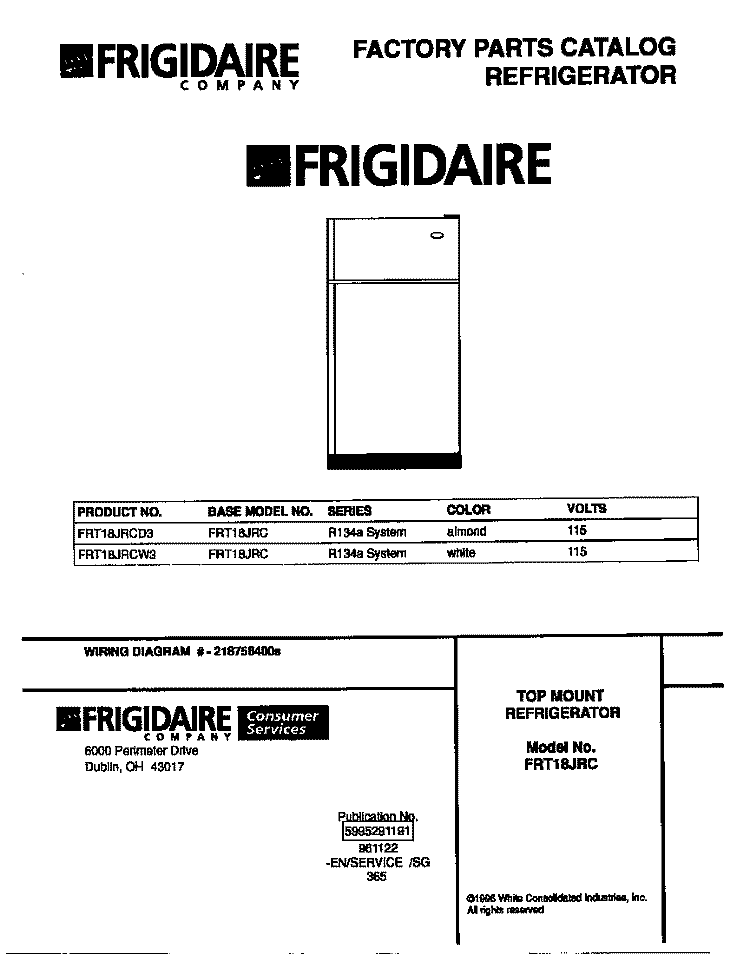 COVER Diagram and Parts List for FRT18JRCW3  Frigidaire Refrigerator
