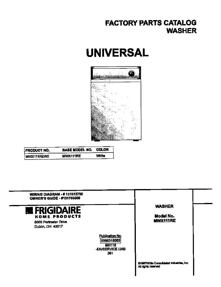 COVER Diagram and Parts List for MWX111REW2  Frigidaire Washer