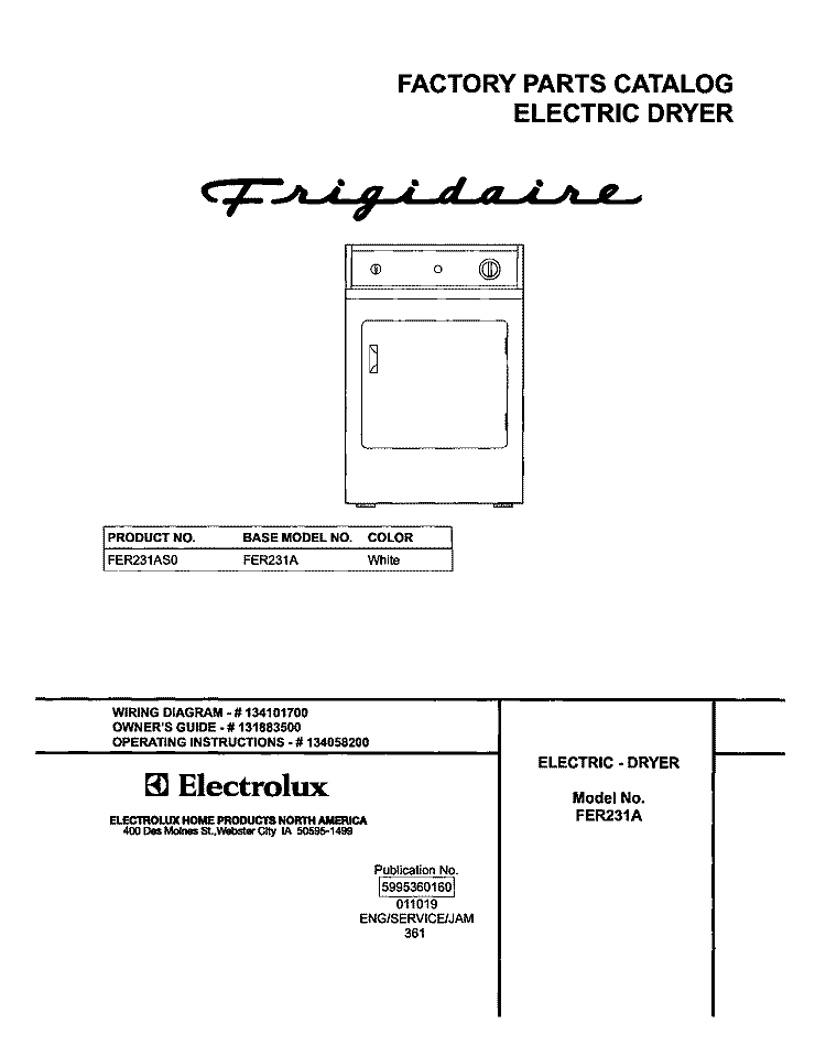 COVER Diagram and Parts List for FER231AS0  Frigidaire Dryer