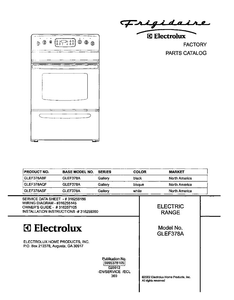 COVER Diagram and Parts List for GLEF378AQF  Frigidaire Range