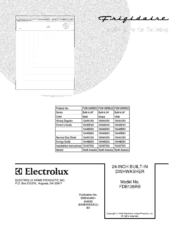COVER Diagram and Parts List for FDB126RBS2  Frigidaire Dishwasher